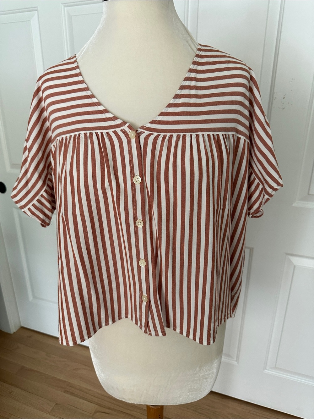 Madewell Rust and White Vertical-Striped Button Front Blouse, Size M